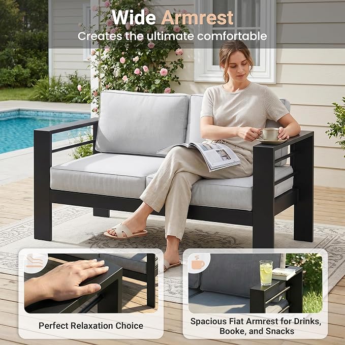 Solaste Aluminum Outdoor Couch, 3-Seat Metal Outdoor Sofa with Water-Resistant Cushion, Weather-Resistant Modern Patio Sofa, Black Frame Grey Cushion