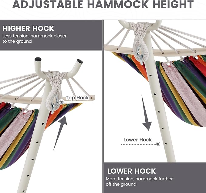 LazyDaze Hammocks Double Hammock with Stand - 2 Person Heavy Duty Outdoor Hammock for Adults, Includes Durable Steel Stand, Portable Carrying Bag and Pillow, Red Purple