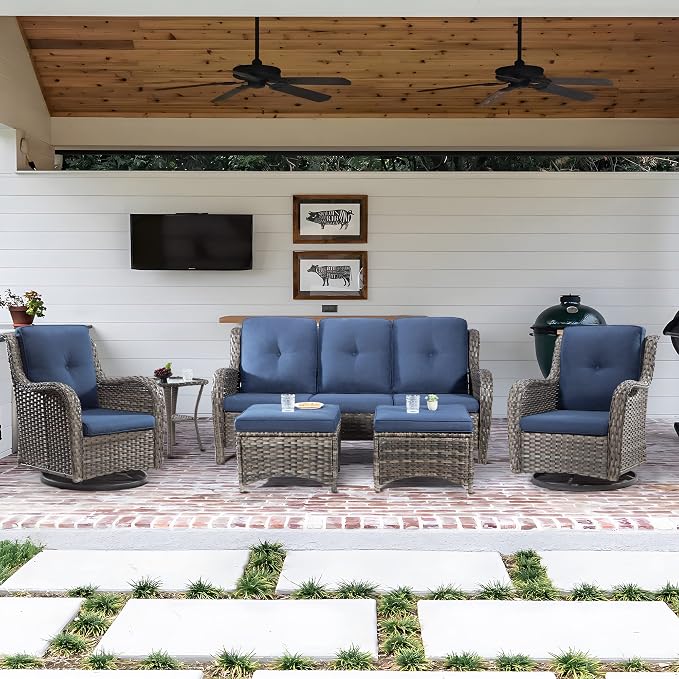 Wicker Patio Furniture Set 6 Piece Set with 1 Three-Seat Sofa, 2 Swivel Rocker Chairs, 2 Ottomans and 1 Side Table, Outdoor Furniture Patio Conversation Sets(Mixed Grey/Blue)
