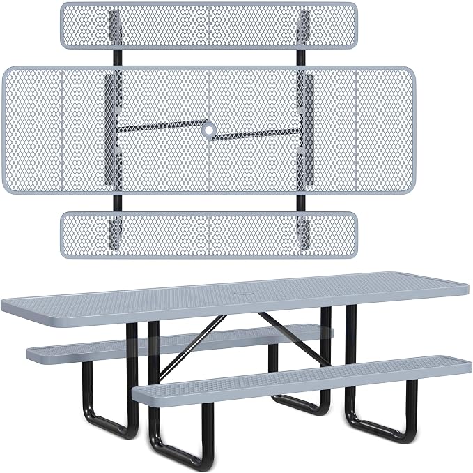 Leisure Craft Metal Picnic Table with Bench - 8 ft Rectangle Outdoor Dining Table with Umbrella Hole, Heavy Duty Thermoplastic Coating, ADA Compliant, Commercial Grade Furniture Made in USA - Gray