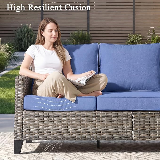 Luxury Patio Furniture sofa Set - 6 Pieces All Weather Wicker Outdoor Couch and High Back Swivel Rocker Patio Chairs with Glass coffee table for Deck Yard and Poolside Gray Wicker | Blue Cushions