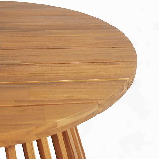 Wood Outdoor Round Coffee Table, Weather-Resistant Patio Table with Striped Base, for Garden, Deck, and Backyard, Brown