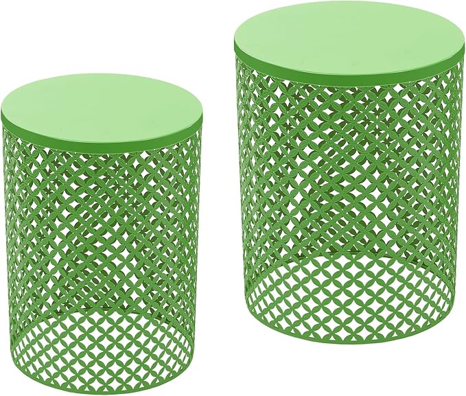 Side Table Set of 2, Iron Side Table 14.6x19.3In & 12.6x16.5In, Metal Accent Table with Openwork Flower Pattern, Cylindrical Freestanding Outdoor End Table for Patio Garden Living Room (Green)