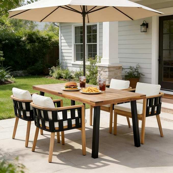 Acacia Wood Dining Set - Teak Finish Table + 6 Chairs with Cream Cushions, Rustic Metal Legs, for Outdoor Patio, Garden, Poolside, Indoor Use - Set of 7, Modern Coastal Style (Style4)