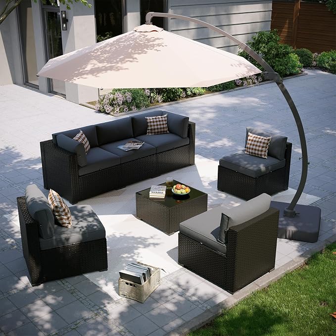 Aoxun Patio Furniture Set with Umbrella, 8 Piece Outdoor Sectional Sofas, Wicker Rattan Outdoor Furniture with Thickened Cushion for Backyard, Garden Light Grey
