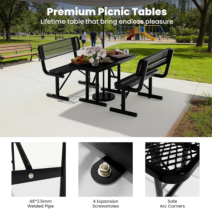 4FT Outdoor Metal Picnic Table with 2 Benches,Heavy Duty Rectangular Picnic Table Set for Outside, Waterproof Commercial Restaurant Table Furniture for Park, Campfield, Patio, Garden, Yard