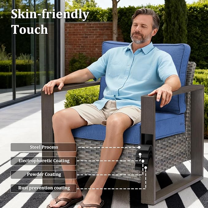 5-Piece Outdoor Patio Furniture Set with Swivel Chairs, All-Weather Wicker Sofa Set for Garden, Yard, Porch and Poolside Seating Grey/Blue