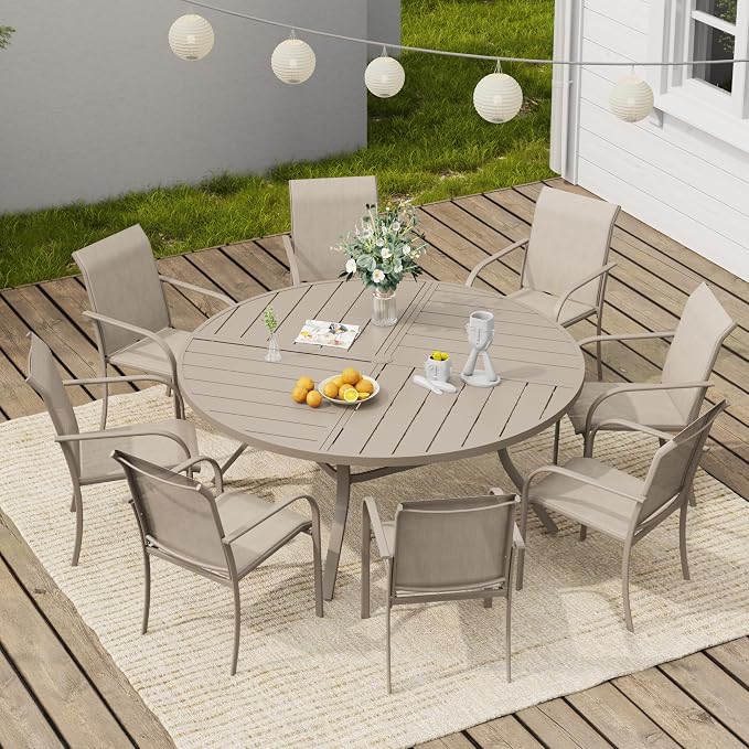 VICLLAX 63" Round Outdoor Table, Patio Dining Table for 8-10 with Umbrella Hole for Garden Lawn Deck Backyard, Sandshell