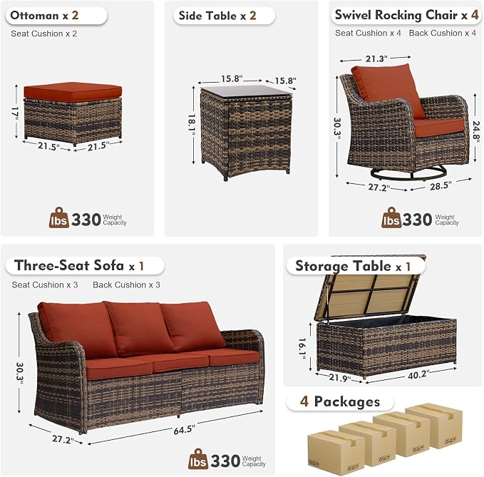 MEISSALIVVE Patio Furniture Set with Swivel Rocking Chairs, 10 Pieces Patio Conversation Set, Outdoor Wicker Sofa Couch with Waterproof Cushions for Lawn Backyard Porch (Red)