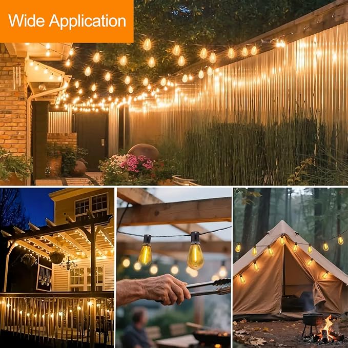 50FT S14 E12 Outdoor String Lights Waterproof Patio 12+1 (1 Spare) bulbs | Outside Hanging Shatterproof S14 E12 LED Light Bulb for Parties Porch Garden Fences Backyard Outdoor Indoor