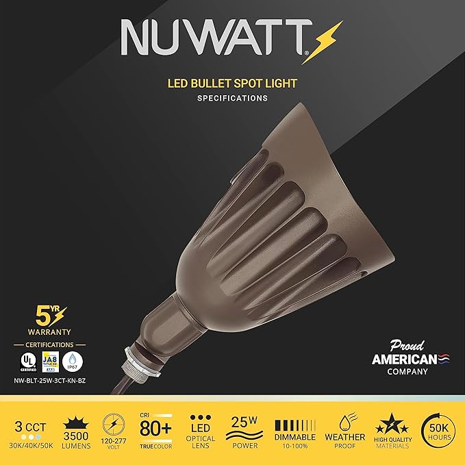 25W Bronze Bullet Spot Light Outdoor LED Landscape Floodlights, 3500 Lumens Bright Outdoor Light for Yard, 3000K/4000K/5000K Selectable, 1/2" Knuckle Mount, 120-277V Waterproof Flag Pole Lights