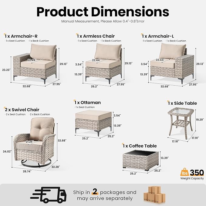 ovios 8-Piece Patio Furniture Set with L-Shape Sofa Chaise, Outdoor Sectional Couch Swivel Gliders, Modern Modular Wicker Rattan Conversation Set, Beige