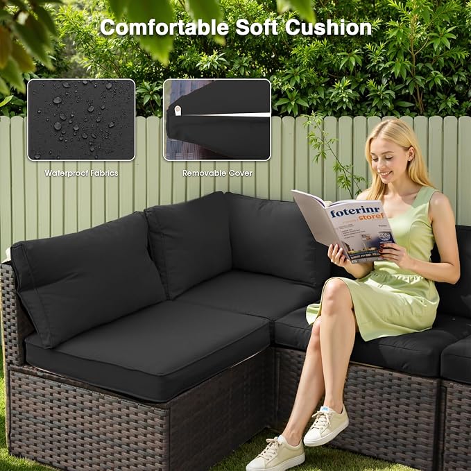 13 Piece Patio Furniture Set with Fire Pit Table All Weather PE Rattan Outdoor Sectional Sofa Couch with No-Slip Cushions for Garden, Poolside, Backyard (Black)