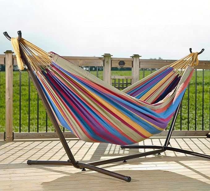 Vivere Double Cotton Hammock with Space Saving Steel Stand, Upgraded Polyester End Strings 450 lb Capacity - Premium Carry Bag Included - USA Grown Cotton (Tropical)