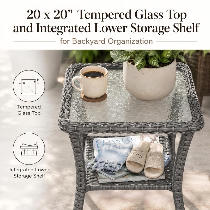 HUMMUH 20-Inch Wicker Patio Side Table with Tempered Glass Top, Grey | Powder-coated aluminum frame, PE rattan, lower storage shelf, 66 lbs capacity, 20x20x22 inches, hardware included