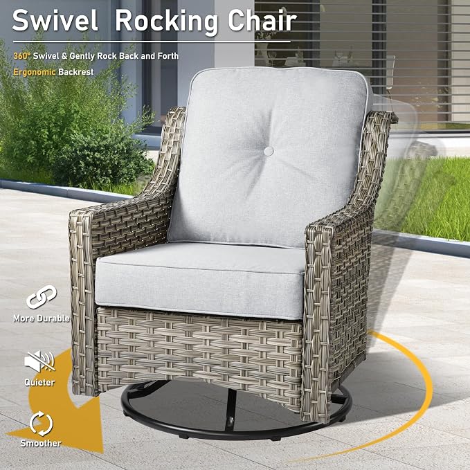 HOOOWOOO 5 Piece Patio Furniture Conversation Sets with Swivel Rocking Chairs,Outdoor Wicker Furniture with LED Tablet,All Weather Resistant High Back Rattan Conversational Set(Light Grey Gray)