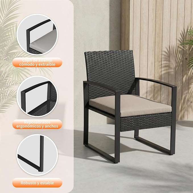 IDEALHOUSE 3 Piece Outside Patio Furniture Set, Outdoor Wicker Chair Conversation Set with Glass Coffee Table, PE Rattan Patio Furniture for Backyard, Porch, Patio, Poolside (No Rocking)