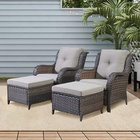 Rilyson Luxury 4 Pieces Patio Wicker Furniture Ottomans, Wicker Patio Chairs Set of 2 with Ottoman, Rattan Outdoor Porch Chair with Thick Cushion for Balcony Deck Yard and Porch (Brown/Grey)
