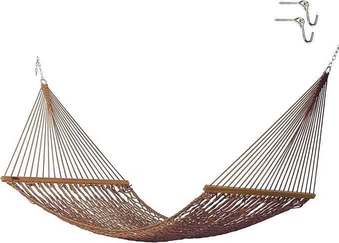Hatteras Hammocks Large Antique Brown DuraCord Rope Hammock – 13 ft. x 55 in., 2-Person, 450 lb Capacity, Cumaru Spreader Bar, Zinc-Plated Hardware – Handcrafted in The USA