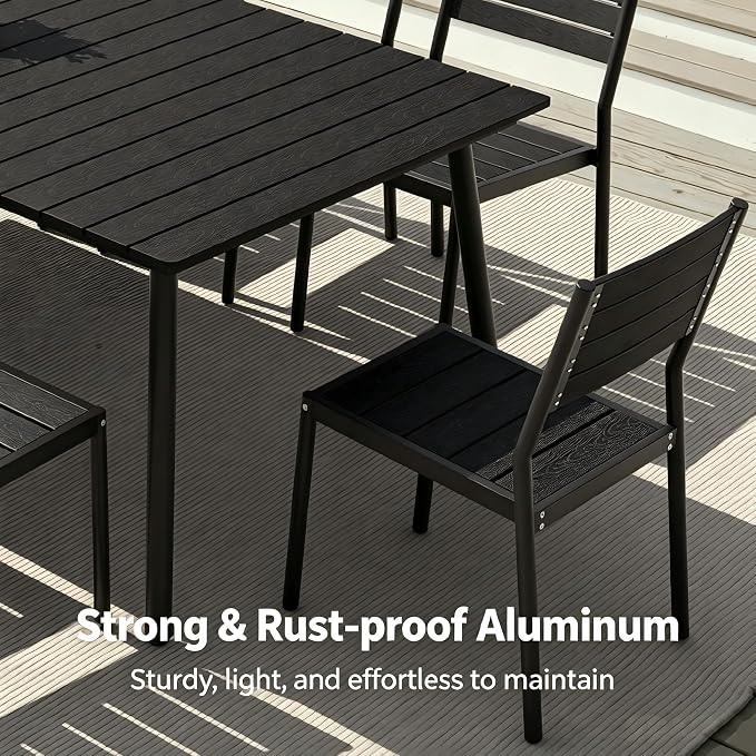 11-Piece Outdoor Dining Set for 10 Person with Black Wood-Grain Top | Armless Stackable Chairs with 19.4" Seat Depth, Aluminum Frame Dining Furniture with Umbrella Hole for Deck, Porch & Backyard
