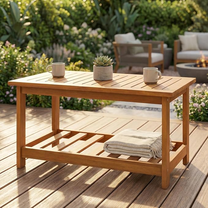Acacia Wood Coffee Table with Storage Shelf, 29.5" Rectangular Outdoor Patio Center Table, 2-Tier Slatted Side Table for Garden Backyard Poolside Living Room, Natural Wood Finish