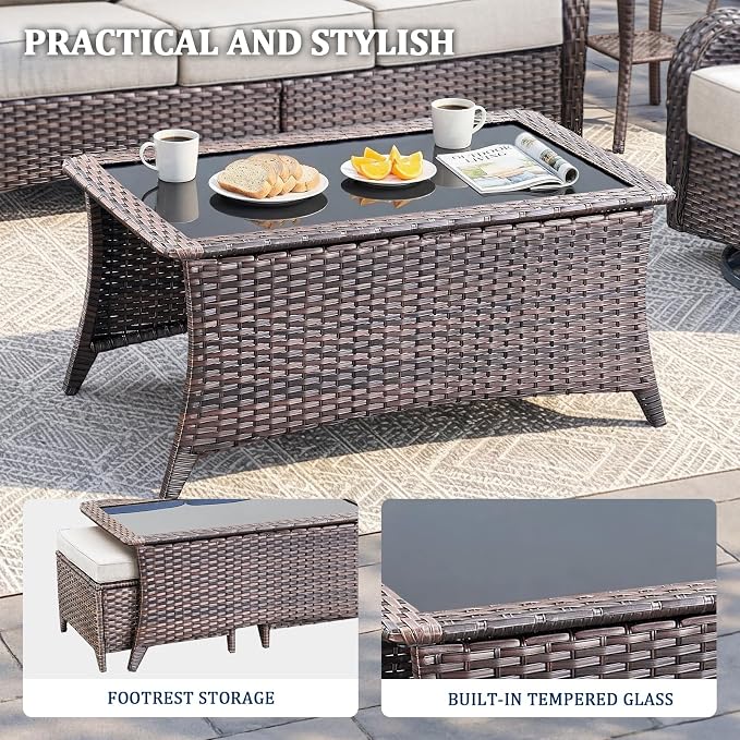 Luxury Swivel Rocker Chairs Sofa Set with 6" Thick Cushion 5 piece Wicker Outdoor Patio Chair with Coffee Table High Back Comfortable Outdoor Patio Furniture Set - Brown | Beige