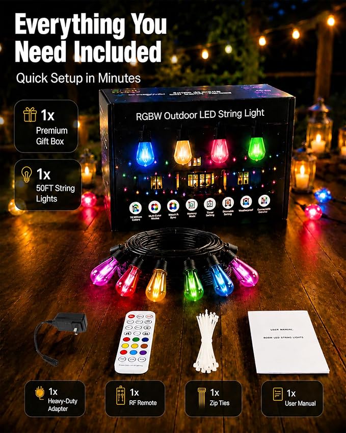 50FT RGBW Outdoor String Lights 24V Dimmable Patio | IP65 Waterproof, 200+ Dynamic Modes, Music Sync, App & Remote Control, Zip Ties Included, Weatherproof -4°F to 158°F