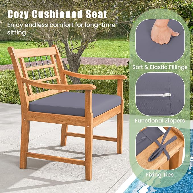 HAPPYGRILL 3 Piece Acacia Wood Patio Conversation Set, Outdoor Bistro Set with Cushions, Solid Wood Frame, 2 Armchairs & Coffee Table Set for Backyard, Porch, Poolside (Gray)