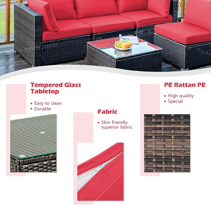 DORTALA 5 Pieces Patio Furniture Set, Outdoor Rattan L-Shaped Corner Sofa Set with Cushions, Coffee Table, Patio Sectional Conversation Set for Backyard Porch Garden Poolside, Red