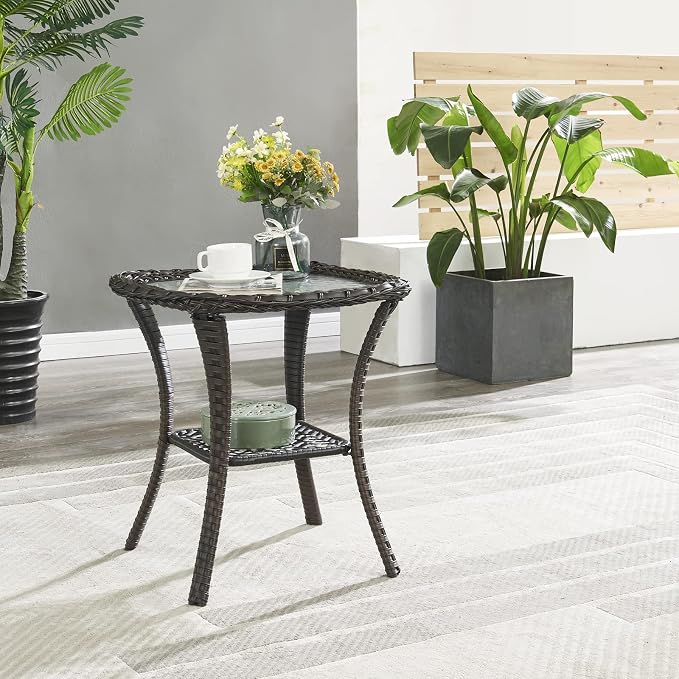 Rilyson Patio Tables Wicker Side Table - Rattan End Table with Glass Top for Outdoor Outside Patio Porch Deck Square Brown