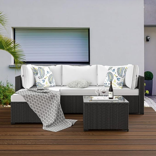 GOJOOASIS Patio Furniture Set Outdoor Sectional Sofa with Ottoman Wicker Couch Rattan Modular Seating Conversation Sets Porch Decor for Backyard, Balcony, Garden (White)