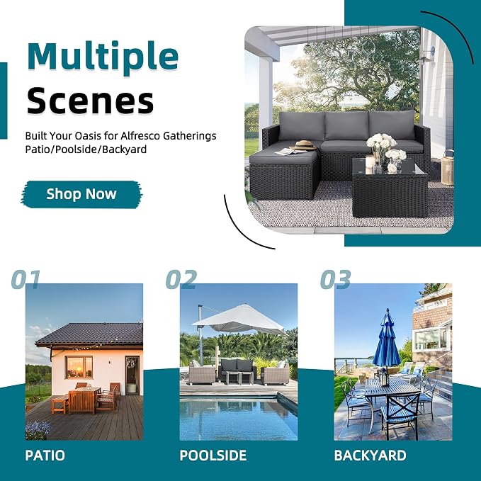 SUNLEI 3 Piece Patio Furniture Set, Outdoor PE Rattan Sectional Sofa Set with Ottoman, Detachable Cushions and Glass Coffee Table, Patio Conversation Set for Backyard Balcony Porch, Black Rattan/Grey