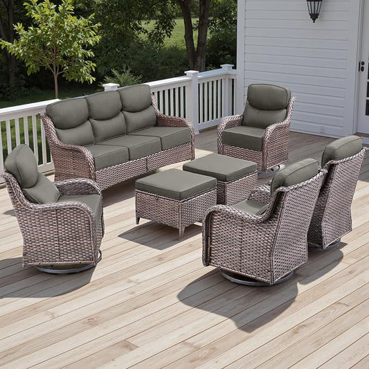 Rilyson Wicker Outdoor Patio Furniture Set - 7 Piece Patio Conversation Sets with Swivel Rocker Chairs, Ottomans and Sofa, 6 inch Cushions, Waterproof Wicker, for Porch Deck Brown/Grey