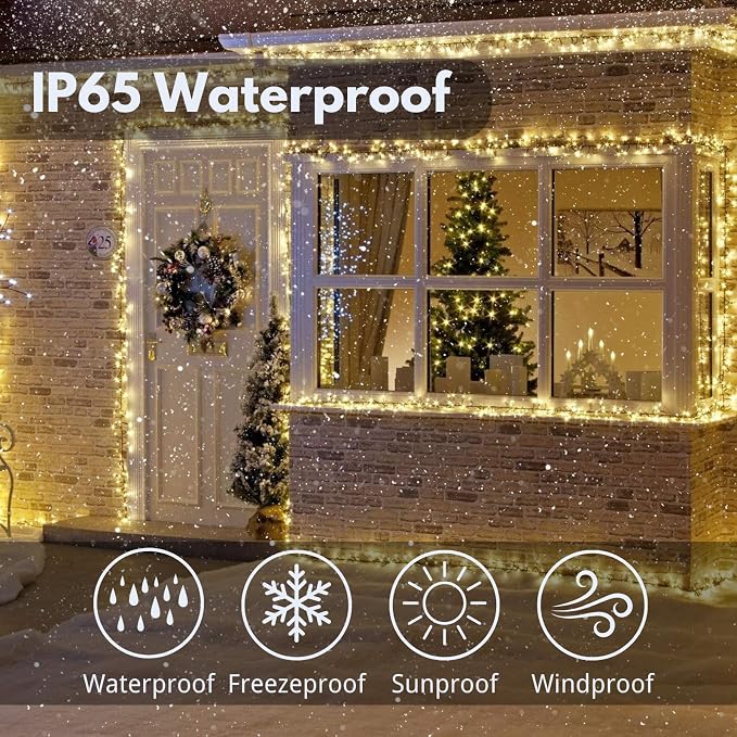 KAQ 2pack 200LED Solar String Lights Outdoor Waterproof Warm White | Total 66FT Flexible Wire With Bright LEDs, 8 Twinkle Modes with Memory, Auto On/Off Easily Decorates Trees, Fences, Garden