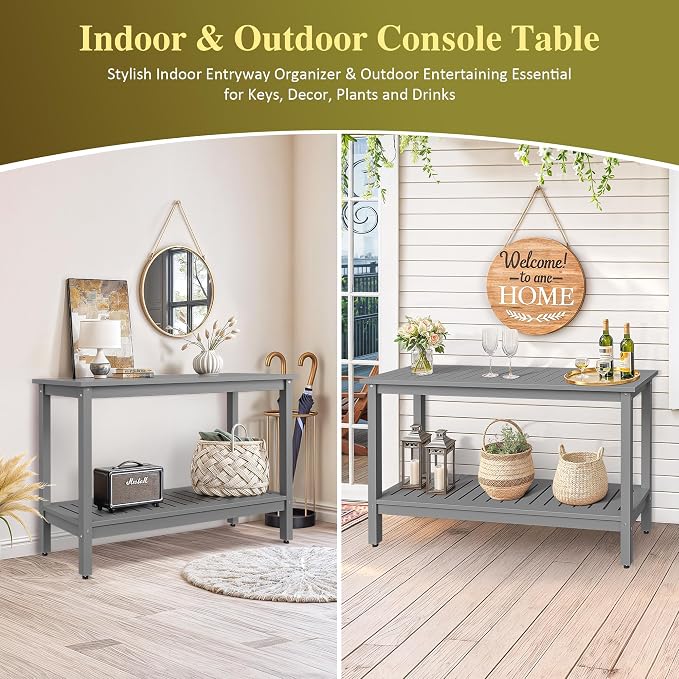 ZenStyle Solid Wood 48in 2-Shelf Console Table, Indoor Outdoor Plant Accent Table Storage Organizer w/Foot Sliders for Patio, Deck, Porch, Garden (Grey)