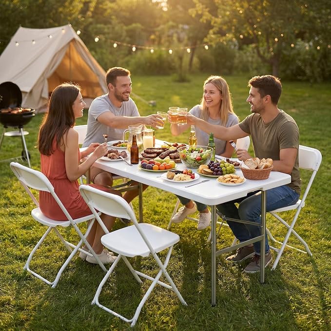 Sweetcrispy 4 FT Folding Picnic Table Easy to Fold and Store, Foldable Table for Camping Picnic Dining Party Kitchen Outdoor Indoor with Carrying Handle