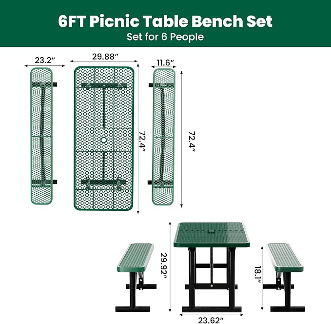 6FT Outdoor Metal Picnic Table with 2 Benches,Heavy Duty Rectangular Picnic Table Set for Outside, Waterproof Commercial Restaurant Table Furniture for Park, Campfield, Patio, Garden, Yard