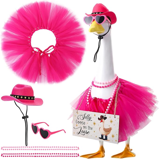 6pcs Hot Pink Western Cowboy Porch Goose Outfits for 17-23 Inches | Tutu Skirt Cowboy Hat Glasses Necklaces Wooden Sign for Outdoor Garden Lawn Art Decor