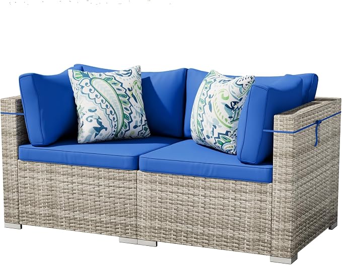 Tradare 2 Piece Patio Furniture Set, Outdoor Wicker Patio Sofa Set, PE Rattan Sectional Couch and Blue Cushions, All-Weather 2 Piece Outdoor Patio Furniture Sets, Grey