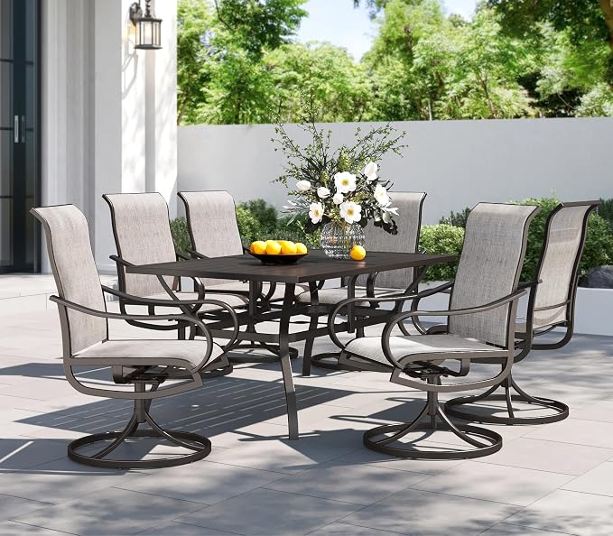 PHI VILLA Outdoor Dining Set for 6, Swivel Mesh Chairs & Metal Table, Grey | 60'' metal rectangular table with umbrella hole and 6 breathable textilene patio chairs, designed for deck, backyard, garden