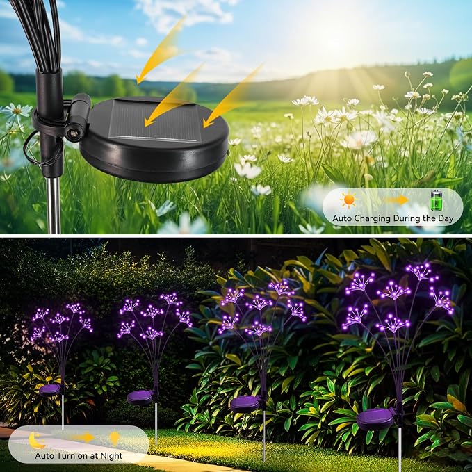 Solar Garden Lights 2 Pack Waterproof Solar Swaying Starburst Light Outdoor Lights for Yard Patio Walkway Pathway Party Wedding Christmas Decoration, Purple