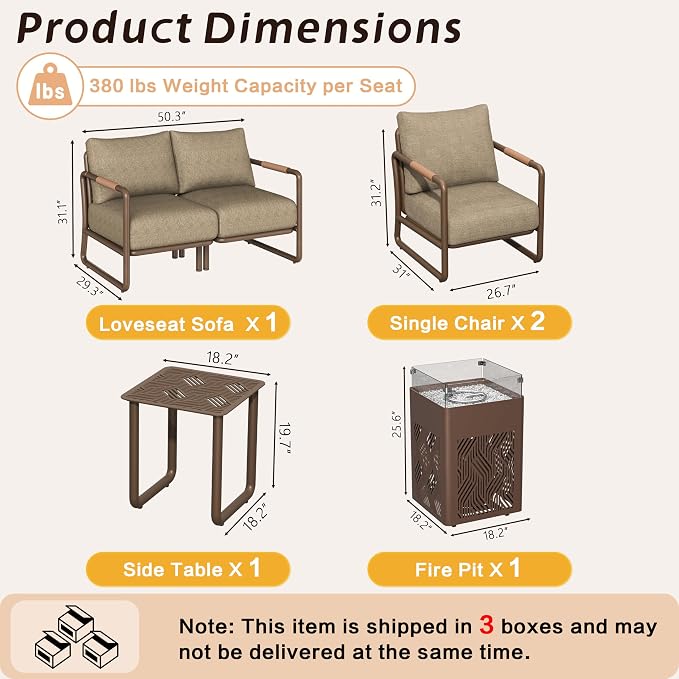 4-Seat Outdoor Aluminum Patio Set with 45,000 BTU Fire Pit Table, 6.5" Thick Cushions & Wide Seating, All-Weather for Pool, Balcony, Garden, Brown