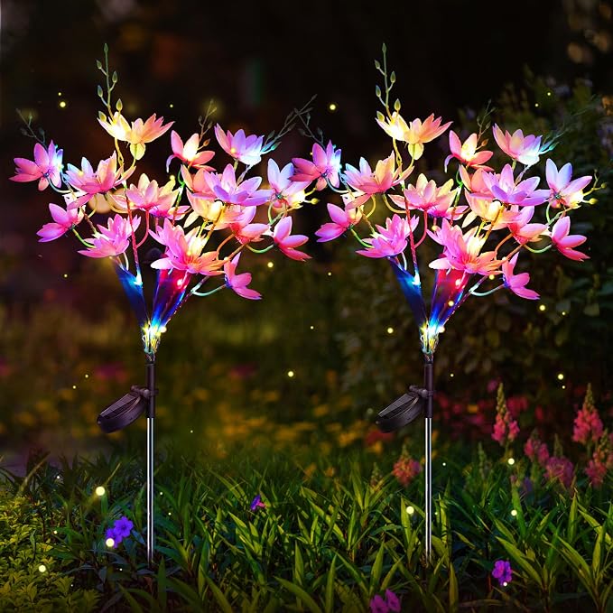 Neporal Solar Flowers Outdoor Waterproof IP65, 5-Head Snow Lotus with 20+ Flowers, 4-Color Light & 2 Lighting Modes, Decorative Solar Lights Outdoor Garden, Yard, Pathway, Flower Bed (2-Pack, Pink)