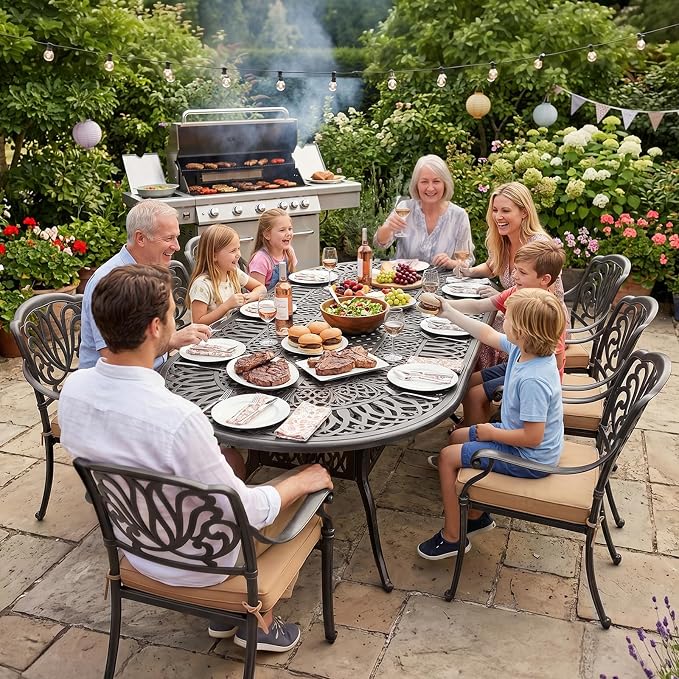 VIVIJASON 9-Piece Outdoor Furniture Dining Set, All-Weather Cast Aluminum Patio Conversation Set, Include 8 Cushioned Chairs and an Oval Table with Umbrella Hole for Balcony Lawn Garden Backyard