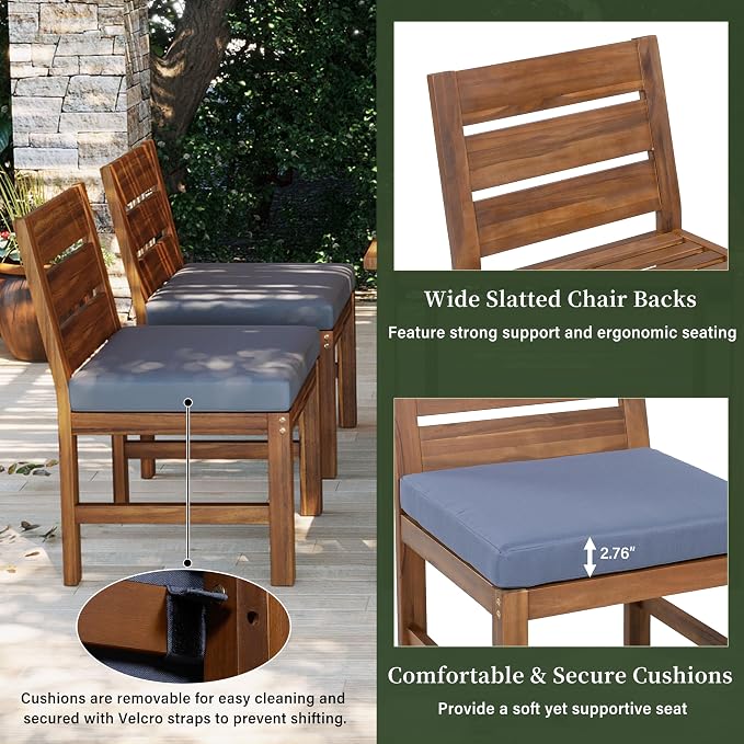 RUNNA Farmhouse 5-Piece Outdoor Patio Dining Set with Adjustable Legs,Acacia Wood Dinning Set for 4,Suitable for Backyard, Garden,or Deck (Brown+Gray)
