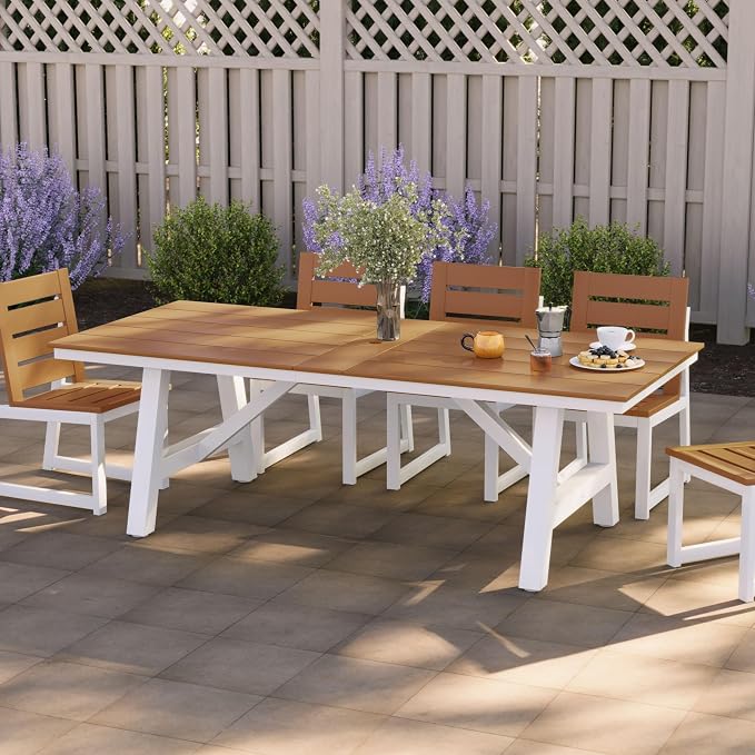 Costaelm Rectangle Patio Table, 8-Person Backyard Table 90" HDPE Dining Table with Umbrella Hole and Metal Frame for Outside, Garden, Poolside, Deck, Porch, Balcony, Teak