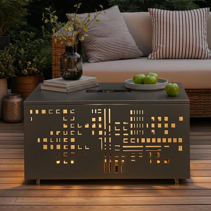 CAODOC 27" Square Outdoor Coffee Table with Umbrella Hole & Solar Light, Rust-Proof Metal Patio Table, Small Minimalist Low Accent Table for Living Room, Balcony, Deck, Backyard, Black