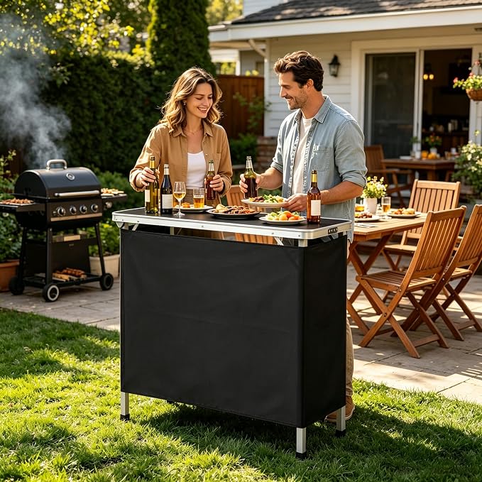 Portable Outdoor Bar Table - Folding Camping Table 2-Tier Shelves with Carrying Case, Storage Shelf & Black Skirt, Tradeshow Podium Table for Events, Camping, Party, Picnic, Exhibition - Black