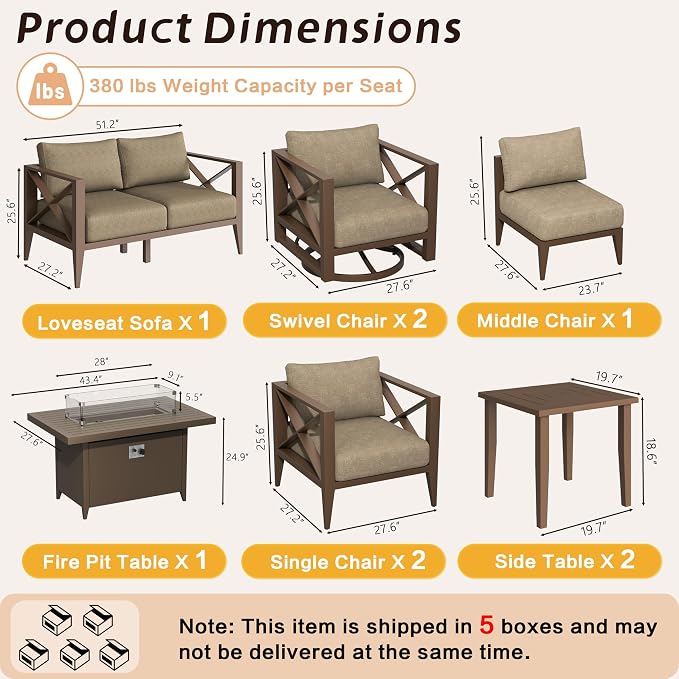 Aluminum Patio Furniture Set with Oversized Fire Pit Table, 9-Piece All-Weather Outdoor Conversation Set with Swivel Rocking Chairs, Oversized Modern Sofa for Backyard, Deck, Balcony-Brown