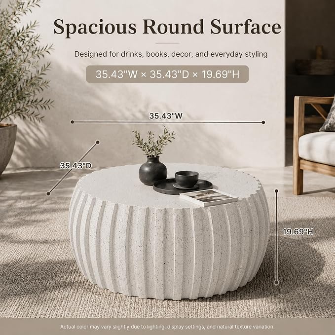 35.43" Round Outdoor Coffee Table - Waterproof MgO Cement Design, Durable Concrete Coffee Table for Patio, Garden, Living Room